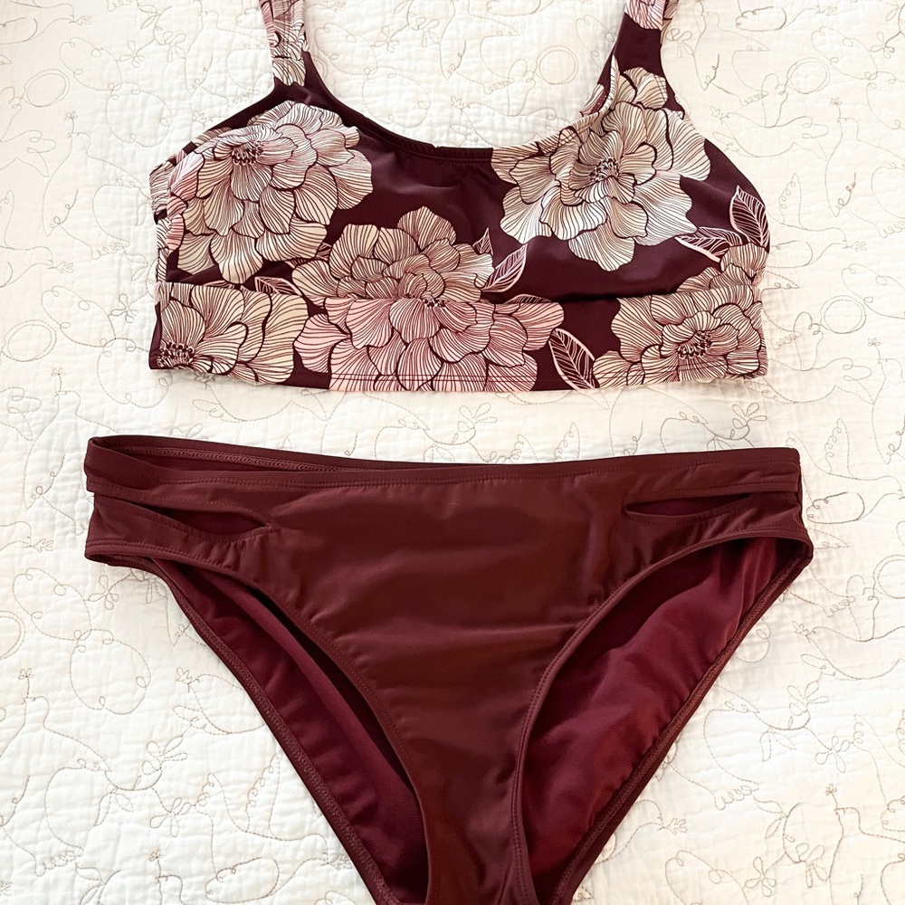 All In Motion Floral Bikini Set in Burgundy and Cream